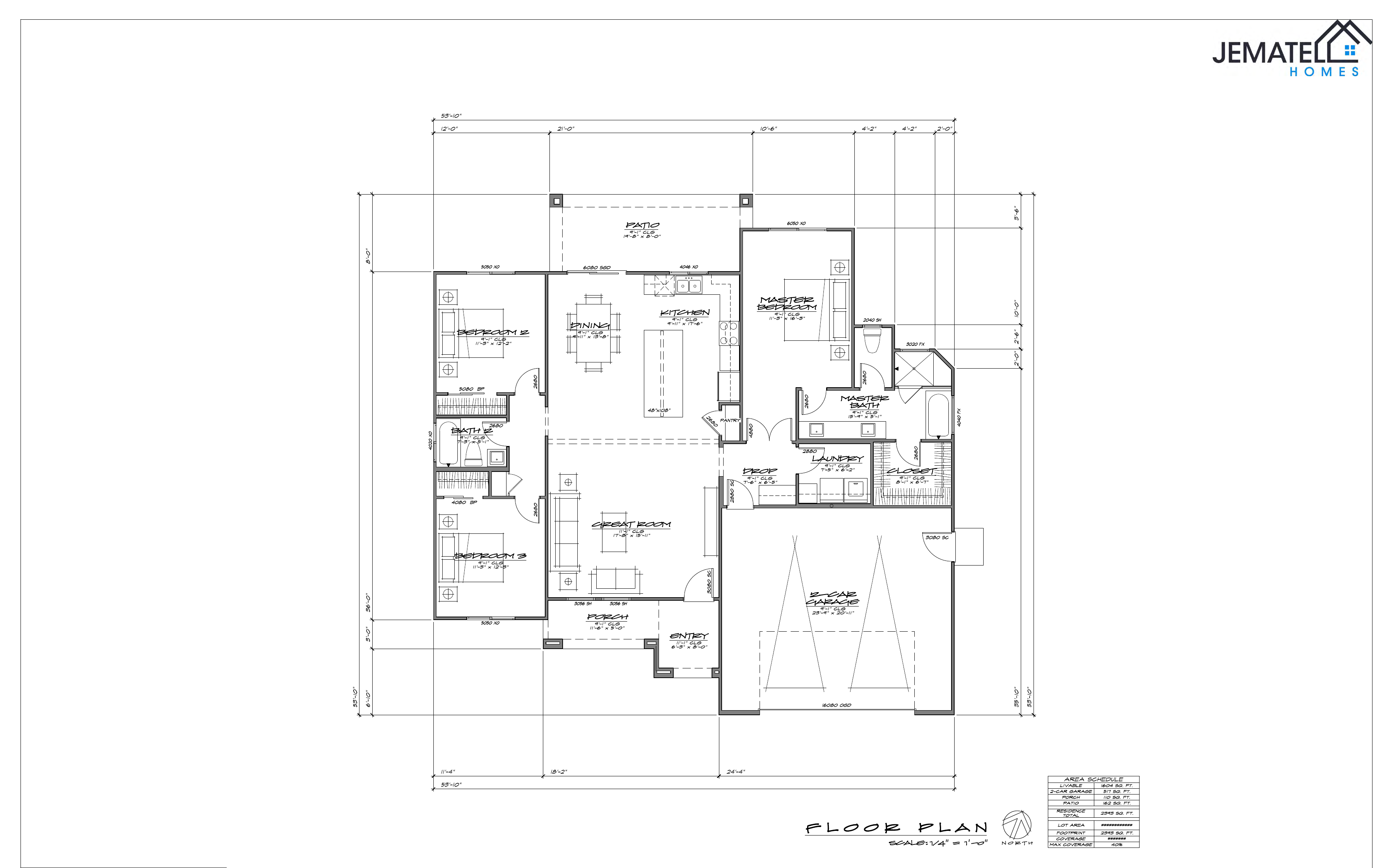 1604 floor plan layout — 3 bed, 2 bath, 2-car garage