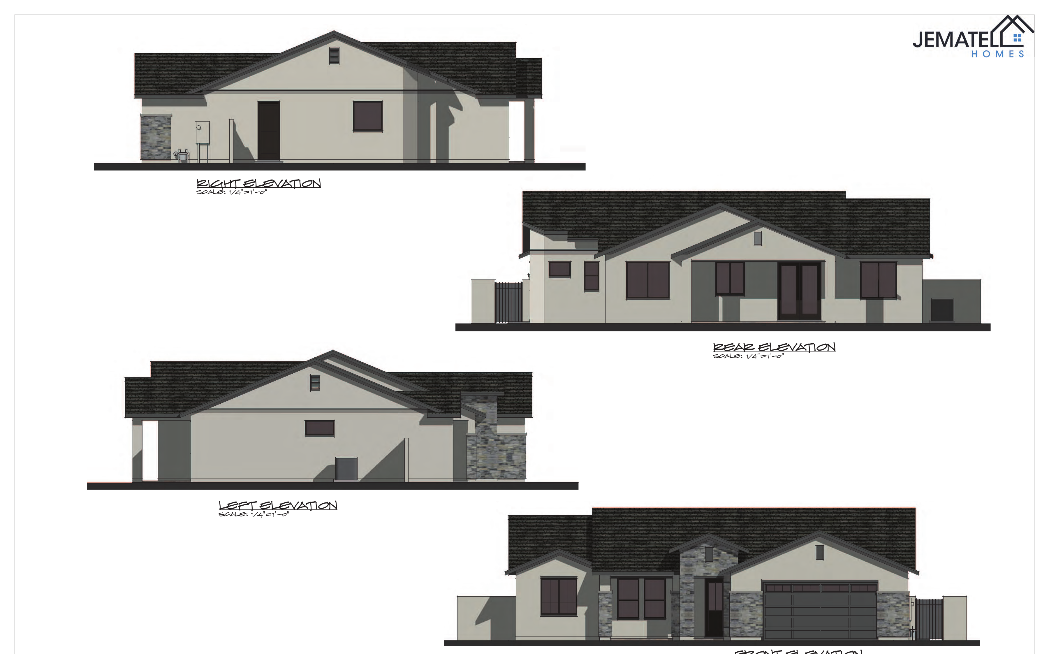 1604 floor plan — all four exterior elevations