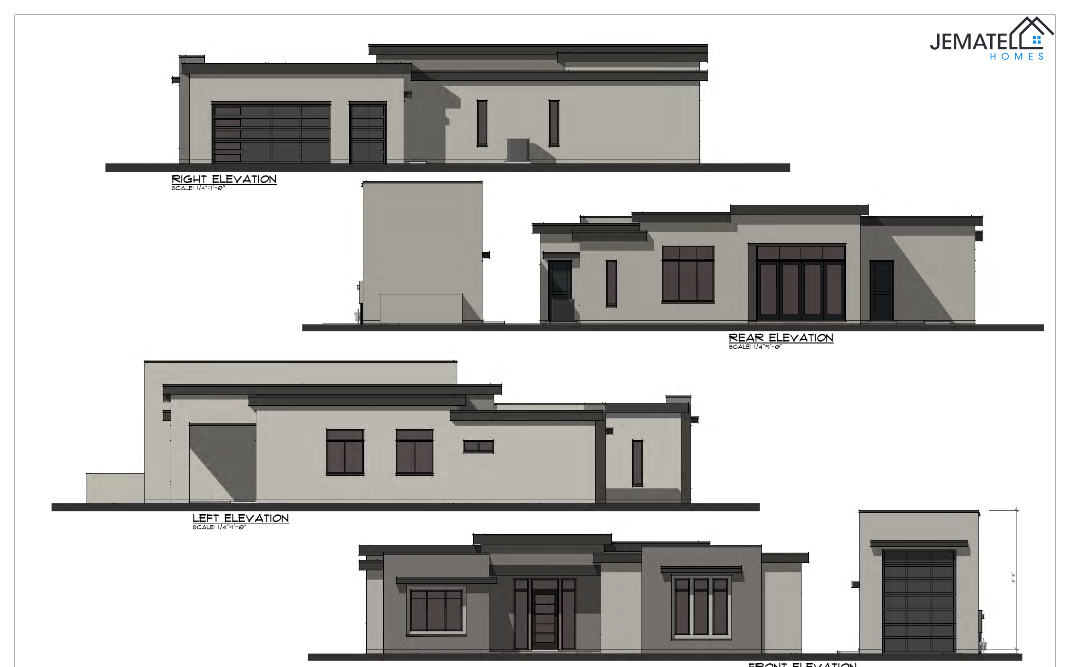 2045 plan — front, rear, left, and right exterior elevations