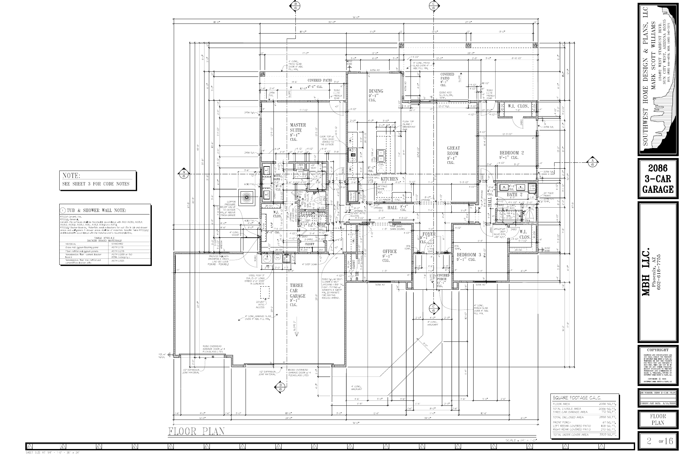 2086 floor plan layout — 3 bedrooms plus office, 2 baths, 3-car garage