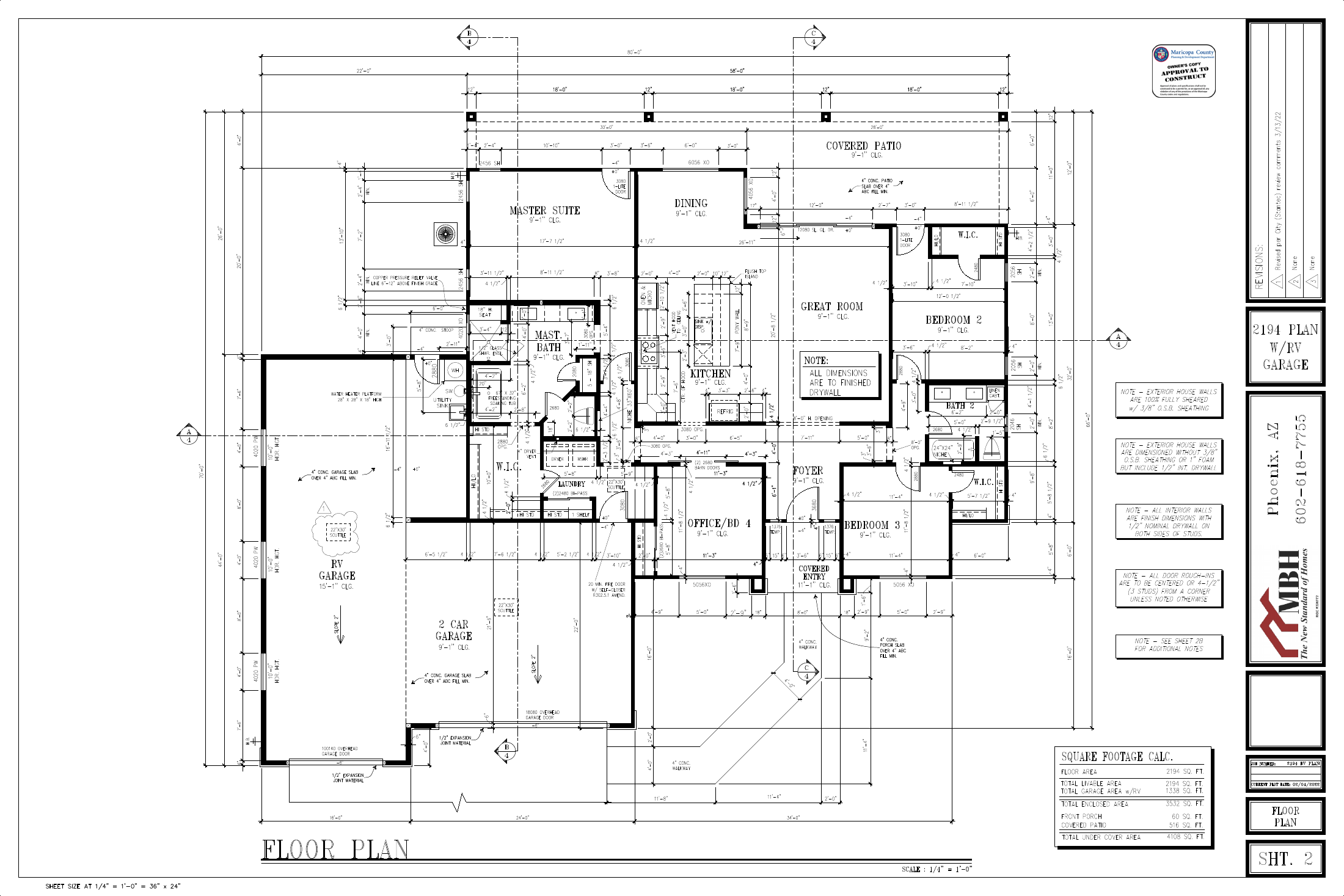 2194 floor plan layout — 3 bedrooms plus office, 2 baths, 2-car plus RV garage