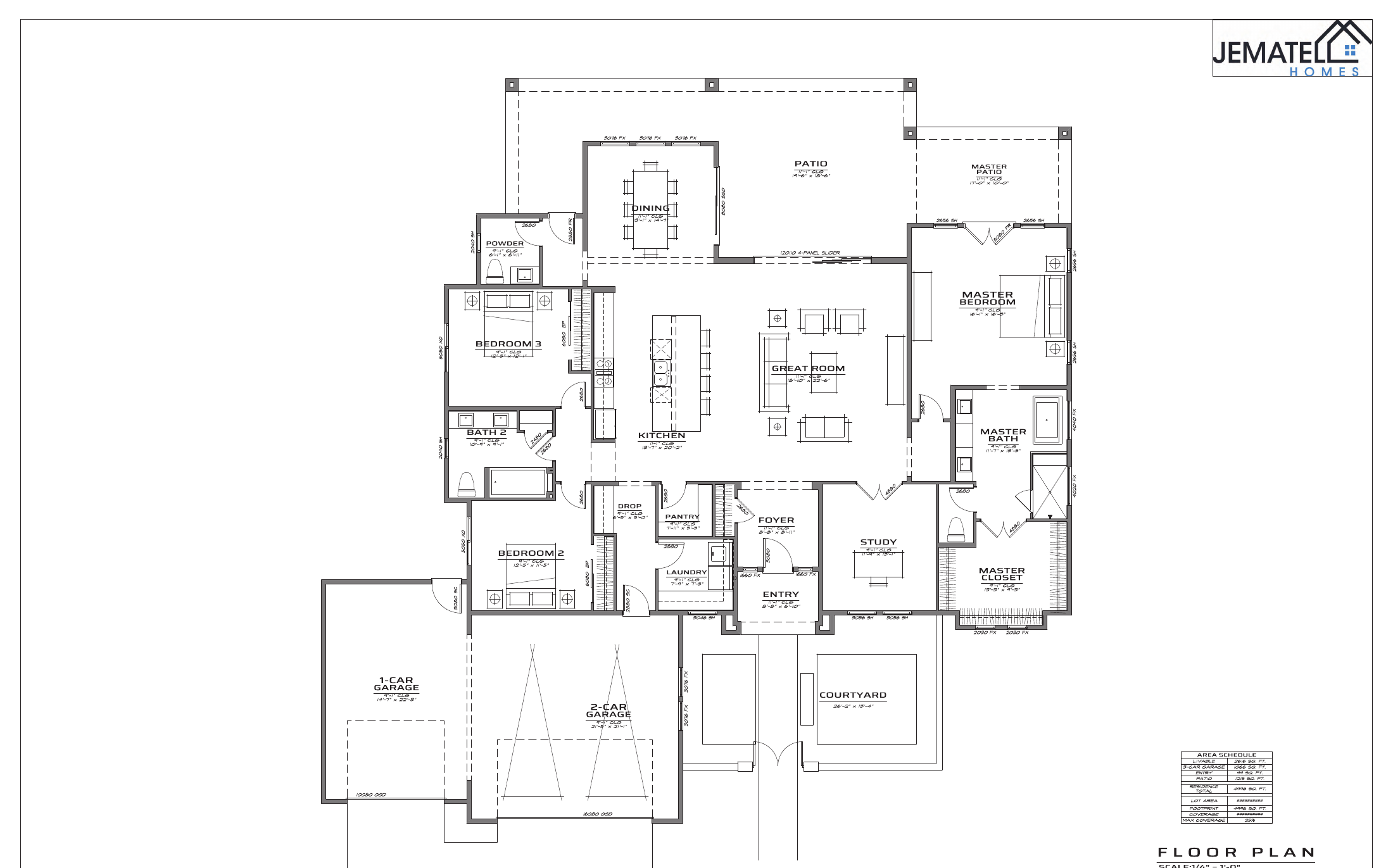 2616 floor plan layout — 3 bed, 2.5 bath, 3-car garage, study, and courtyard