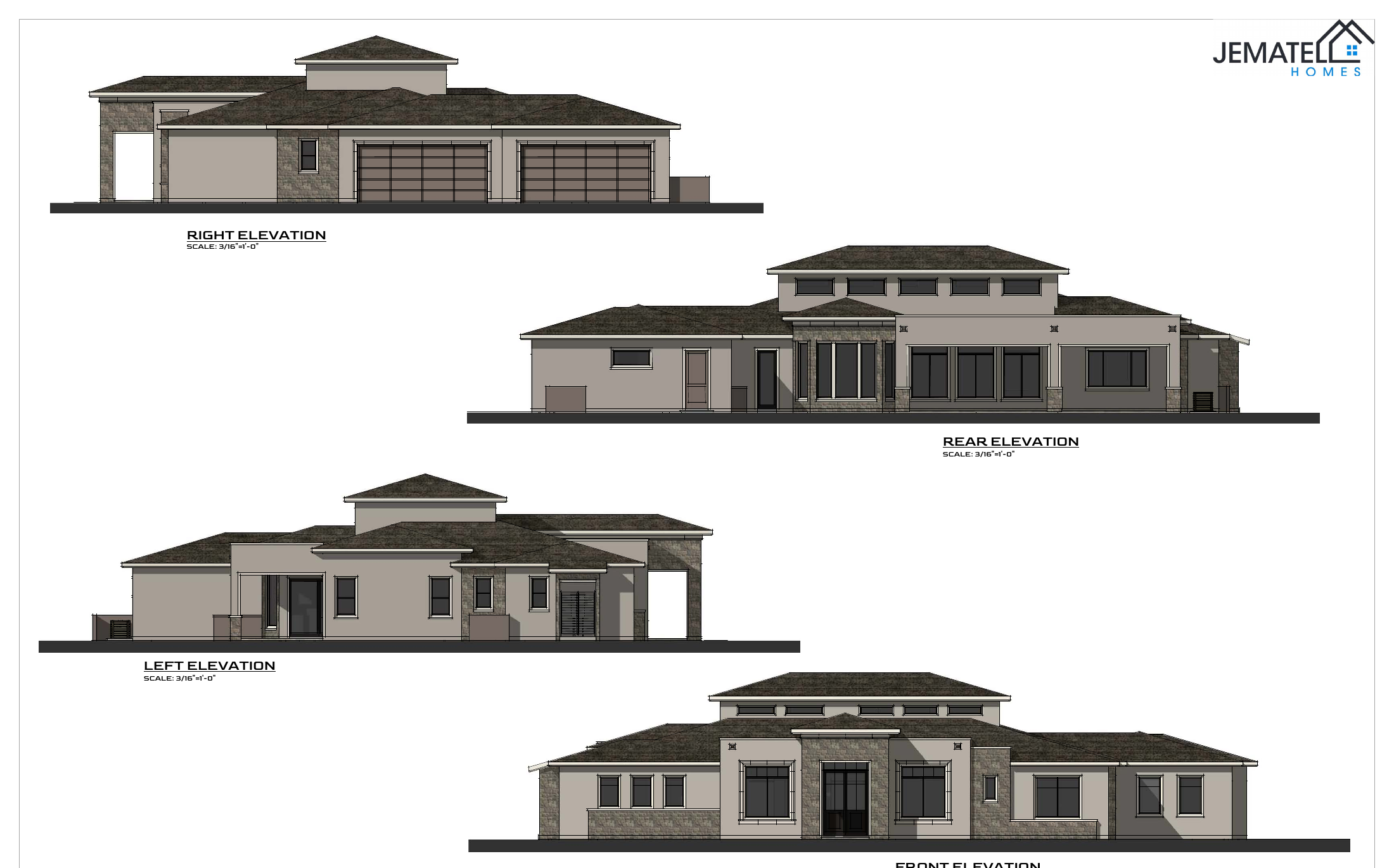 3094 plan — front, rear, left, and right exterior elevations