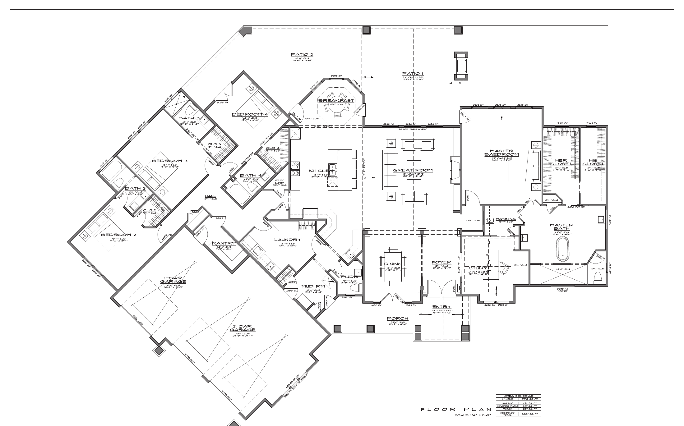3970 floor plan layout — 4 bedrooms, study, 4.5 baths, 3-car garage