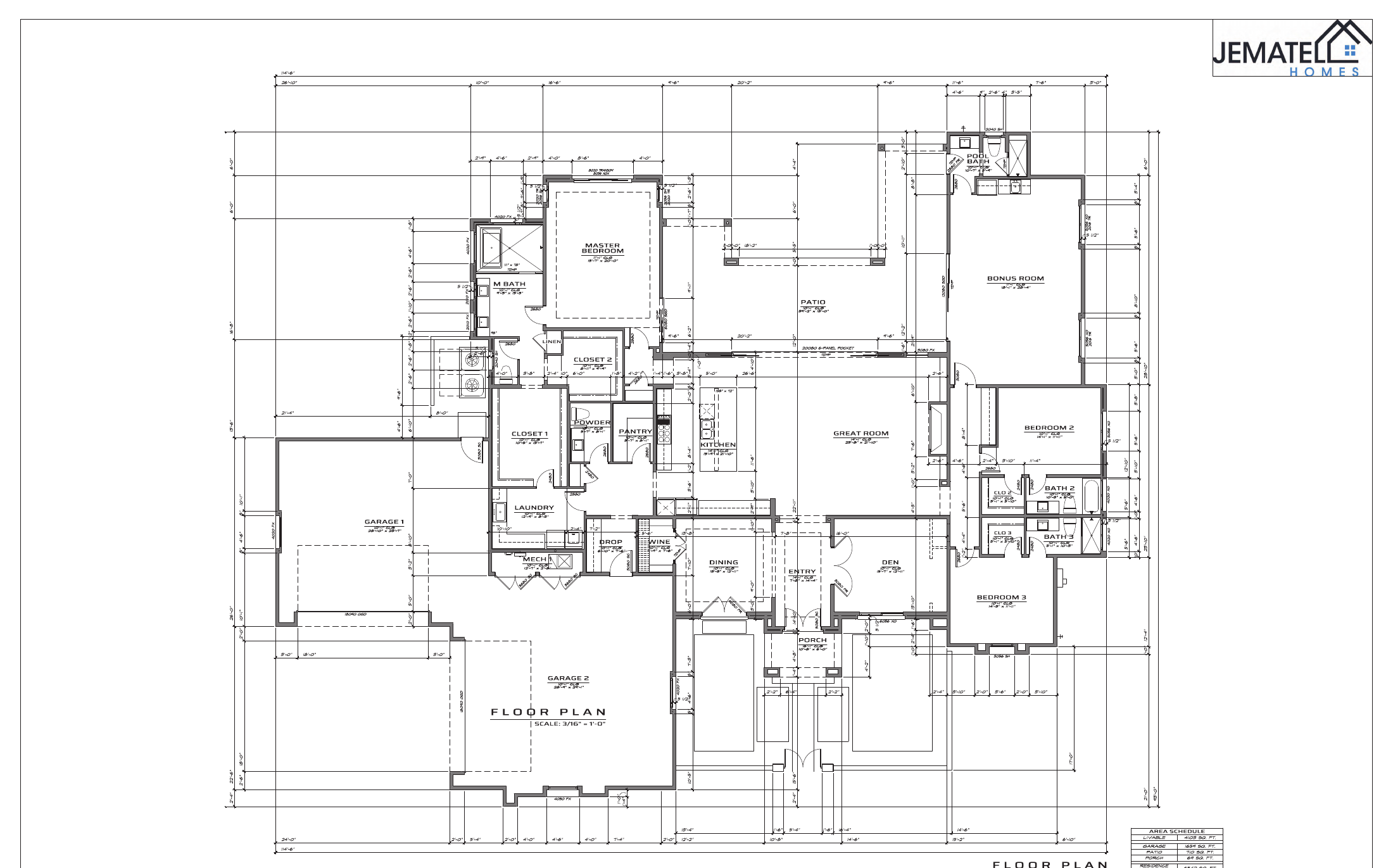 4103 floor plan layout — 3 bedrooms, bonus room, den, 4.5 baths, 4-car garage